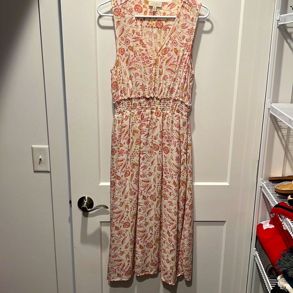 Lucky Brand Cream Floral Sleeveless Midi Dress with Pink and Yellow Print